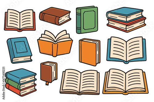 Book collection vector illustration set. Open and closed books, stack of books for library, education or school concepts. Cartoon style literature, knowledge and reading icons.