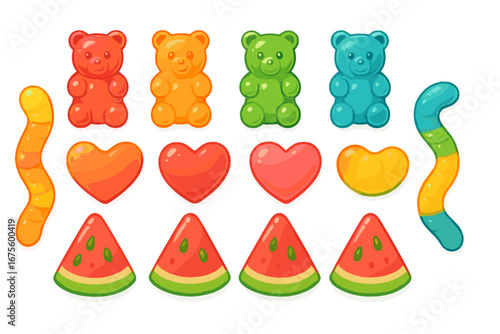Gummy candy set with bears, worms, hearts, and watermelon slices. Colorful fruit jelly sweets collection. Isolated cartoon vector illustration for confectionery and snack designs.