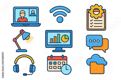 Remote work and home office icon set. Vector icons for business productivity, freelance technology, and communication tools. Online meeting, data analysis, cloud computing.