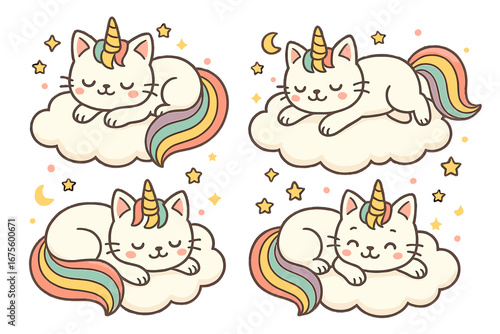 Cute unicorn cat set sleeping on a cloud. Caticorn with rainbow tail and horn. Kawaii cartoon character. Magical fantasy pet animal vector illustration for nursery or kids.
