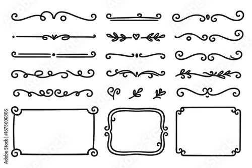Hand drawn doodle divider line and frame set. Vector collection of sketched calligraphic decorative elements. Ornate swirls, scroll flourishes, and vintage borders for design.