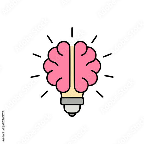 Brain Light Bulb Icon, symbolizing ideas, innovation, and intelligence. Rays of light emanate from the top.