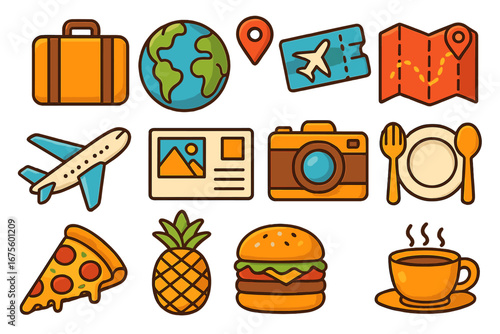 Travel and food icon set. Colorful cartoon vector icons for tourism, vacation, culinary journey. Suitcase, globe, plane, map, camera, pizza, burger, coffee. Flat design elements.