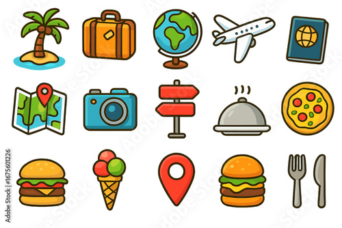 Travel and food icon set. Vector cartoon collection for journey, vacation, tourism, and culinary concepts. Suitcase, plane, passport, map, camera, pizza, and burger symbols.