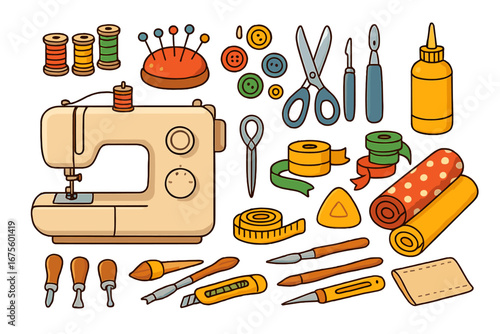 Sewing and craft tools set. Vector cartoon illustration of handmade workshop equipment. Needlework and DIY creative hobby supplies. Sewing machine, thread, scissors, fabric.