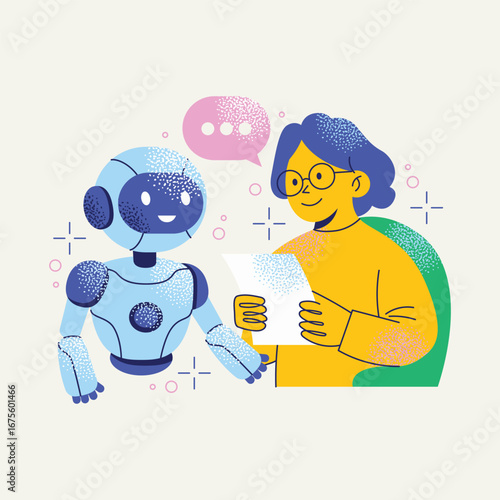 AI and Human Communication. Vector Illustration of a Robot and a Older Woman Interacting, Representing AI Assistant or Customer Service. Flat illustration. Assistant concept