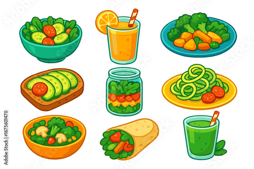 Vegetarian food icon set. Healthy eating vector illustration. Vegan dishes and drinks collection. Cartoon salad, smoothie, juice, wrap, avocado toast for diet and nutrition.