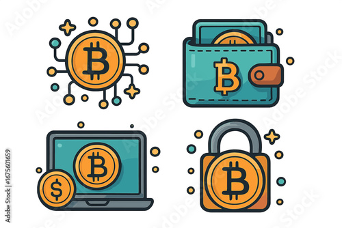 Cryptocurrency vector icons. Bitcoin transaction, digital wallet, blockchain technology, and finance security concept. Flat cartoon illustration set isolated on white background.