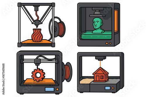 Vector icon set of 3D printer types. FDM filament, SLA resin, and SLS powder processes. Additive manufacturing, rapid prototyping, and industrial production technology.