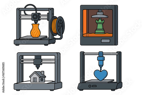 Set of 3D printers vector icons. Additive manufacturing, rapid prototyping technology. FDM, SLA, SLS printing process. Engineering, modeling, futuristic innovation concept illustration.