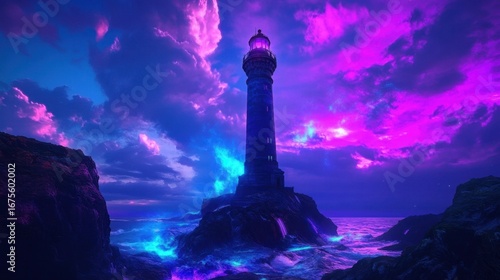 Lighthouse Under Neon Sky.