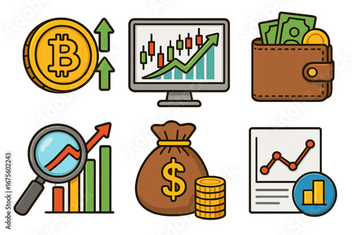 Financial icon set for cryptocurrency investment and stock market analysis. Bitcoin growth, trading chart, money wallet, profit graph. Vector cartoon business symbols.