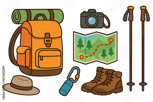 Hiking gear and camping equipment set for outdoor adventure. Vector illustration of travel essentials for tourism. Backpack, map, boots, camera and trekking poles collection.