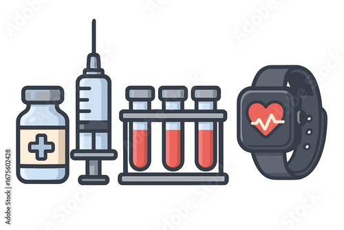 Medical technology and health monitoring tools. Vaccine, syringe, blood test tubes for analysis. Smartwatch with heart rate monitor. Digital health, lab research, immunization.