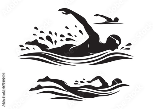 swimming logo silhouette vector, swimmer silhouette vector illustration, water swimmer silhouette vector design, water sports swimming logo silhouette vector on white background