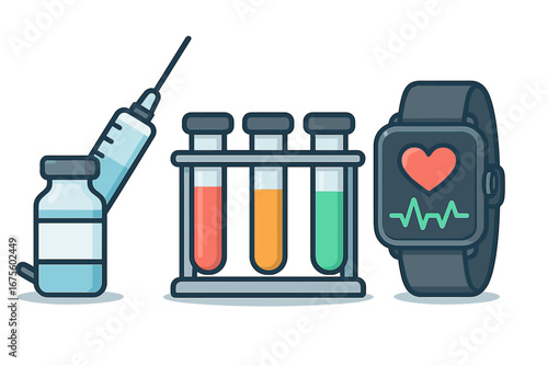 Medical technology and health monitoring set. Vaccine, syringe, lab test tubes for blood analysis, and smartwatch for heart rate. Healthcare diagnostics vector cartoon icons.