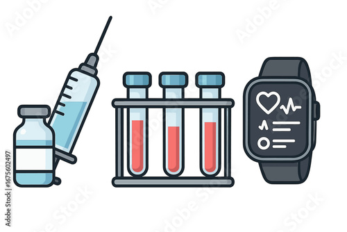 Medical technology, digital health and diagnostics concept. Vector icons set. Vaccine, syringe, blood test tubes, smartwatch for heart rate monitoring and modern healthcare.