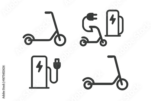 Electric scooter icons. E-scooter charging station. Vector line art symbol set. Urban mobility concept. Eco friendly transport. Battery charge point. Micromobility pictogram.