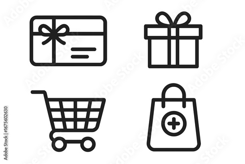 E-commerce line icons. Shopping vector symbol set. Gift card, present, shopping cart, and add to bag. Retail business concept for web store UI. Minimalist outline graphic.