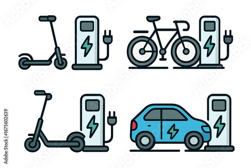 Electric transport icon set. E-mobility concept with EV car, e-bike, and scooter at a charging station. Green energy, eco friendly transportation vector illustration for urban mobility.