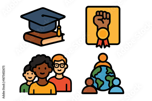 Education icons set. Concepts of achievement, diversity, and global learning. Graduation cap, award medal, multicultural people, and world community vector illustrations.