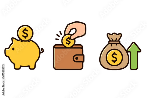 Financial icons set with piggy bank for savings, hand putting coin in wallet for spending, and money bag with arrow up for investment, profit, and wealth growth. Vector.
