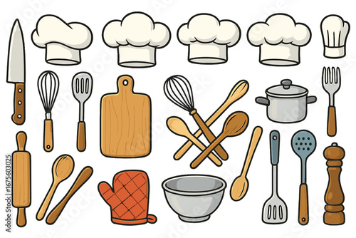 Cooking icon set with kitchen tools and chef hats. Vector kitchenware, culinary utensils for restaurant, bakery, cooking class. Cartoon illustration with knife, pot, spoon.
