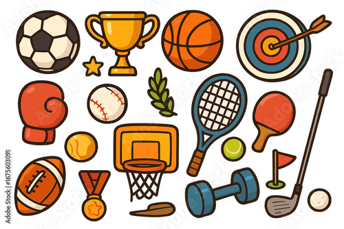 Big set of sports equipment icons. Cartoon vector collection. Game elements like football, basketball, baseball, tennis, golf, boxing, archery. Trophy, medal, dumbbell.