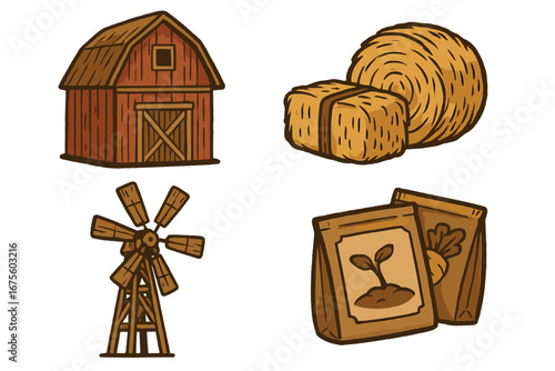 Farm life vector illustration set. Rustic cartoon icons of barn, hay bale, windmill, and seed packets. Agriculture and countryside concepts for graphic design elements.
