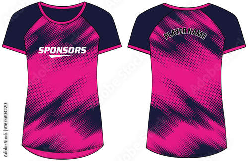 Women Sports Jersey t-shirt design concept Illustration, Abstract Halftone pattern round Neck t shirt for girls and Ladies Volleyball jersey, Football, badminton, Soccer, netball. Sport uniform kit
