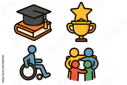 Education success and inclusivity icon set. Vector symbols of graduation, achievement, disability and community. Concept for diversity, accessibility, teamwork and support.