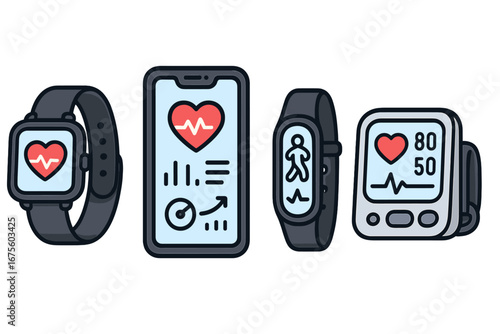 Health monitoring technology icon set. Smartwatch, fitness tracker, phone app, blood pressure monitor. Wearable device for tracking fitness and medical data. Vector cartoon.