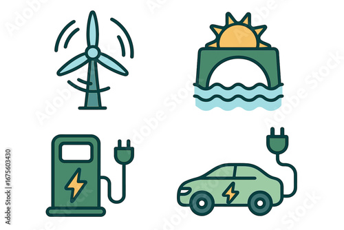 Renewable energy icon set. Green power sources concept with wind turbine, solar, hydropower. Eco friendly transport with electric car, EV charging station. Vector illustration.