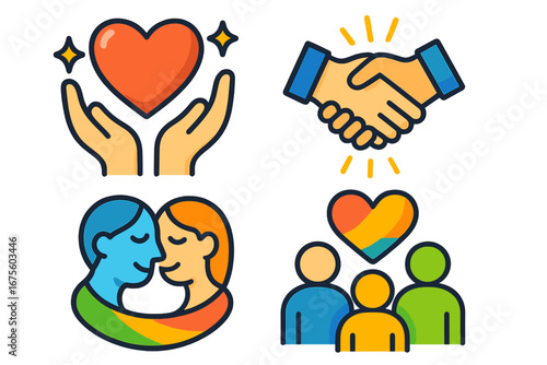 Vector icon set of empathy, support, and community. Symbols for charity, love, care, and teamwork. Handshake, couple hug, and group connection for social values concepts.