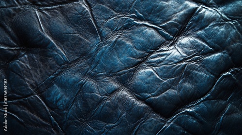 Abstract background of a dark blue crumpled leather fabric