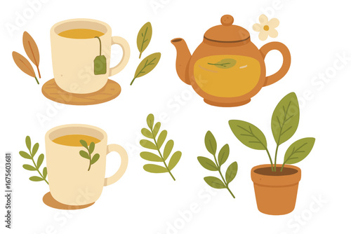 Herbal tea vector illustration set. Cozy cartoon collection with teapot, cup, mug, plant and leaves. Minimalist hygge concept for hot beverage, drink or tea time design element.