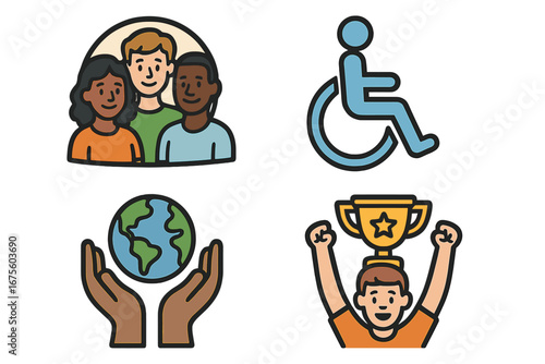 Icon set diversity, accessibility, achievement. Vector cartoon illustration for social concepts like inclusion, disability, community, global unity, teamwork and success.