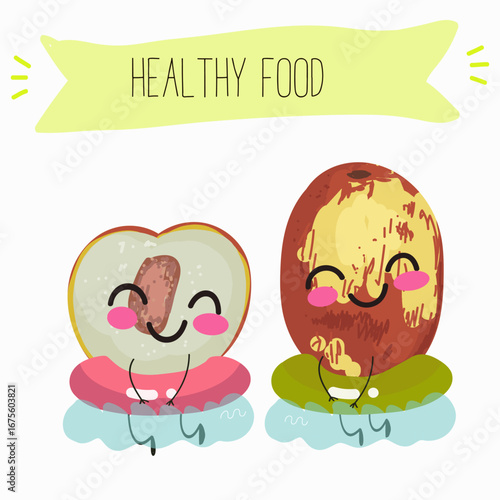 Jujube - exotic tropical fruit, Ziziphus jujuba, funny characters, hand drawn vector art.