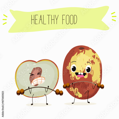 Jujube - exotic tropical fruit, Ziziphus jujuba, funny characters, hand drawn vector art.