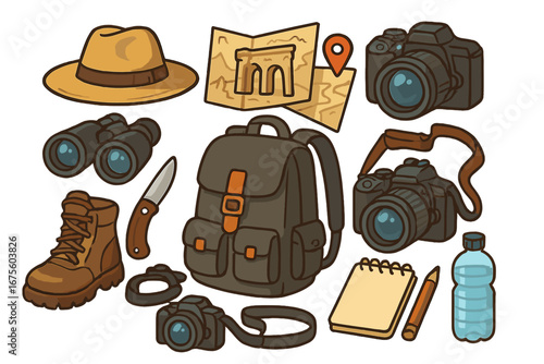 Travel essentials for exploring historical sites and nature trails with photography gear, adventure tools, maps, boots, notebooks, and water bottle. Vector cartoon illustration