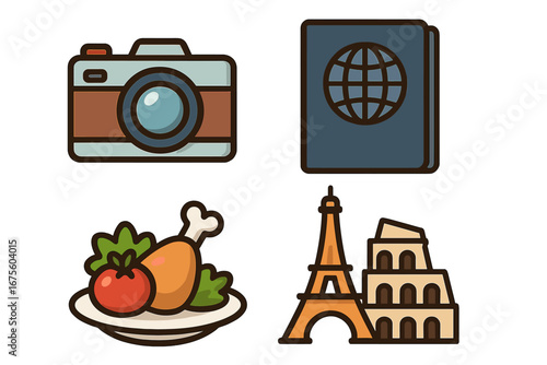 Travel icons set for vacation and tourism. Vector illustration of world travel essentials like camera, passport, food, and famous landmarks like the Eiffel Tower and Colosseum.