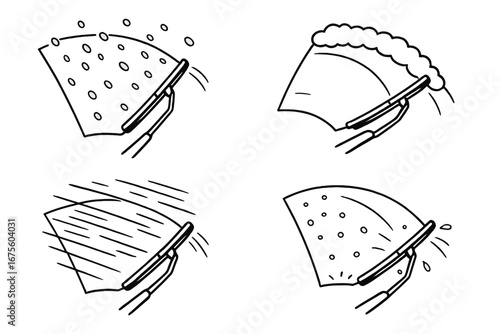 Windshield wiper sketches cleaning glass in various weather conditions like rain and snow. Car maintenance and auto service concept. Vector line art cartoon icons collection.