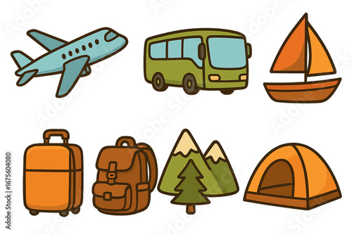 Travel icons illustrating various transportation modes and outdoor adventure activities for explorers and travelers, cartoon style vector set with transparent background