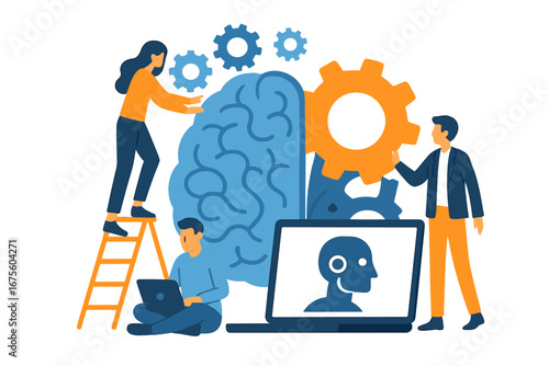 Visual representation of artificial intelligence concepts with human collaboration, gears, brain, and technology development, teamwork in AI innovation, vector cartoon illustration
