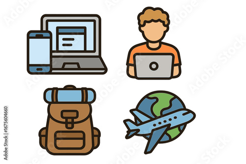 Digital nomad icon set for remote work and travel lifestyle. Vector illustration of freelancer on laptop, backpack, airplane over globe, and technology for workation concept.