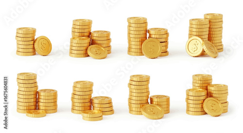 A collection of shiny gold coin piles representing business finance, savings, investment, and financial success on a white background