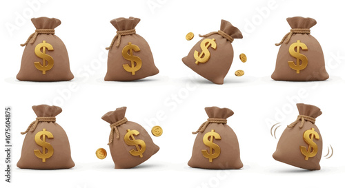 A collection of 3D rendered brown money bags with golden dollar signs, symbolizing wealth, savings, profit, and financial success