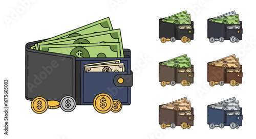 Wallet Icon Set Money, Finance, and Savings Illustrations in Various Colors for Web Design