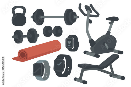 Fitness equipment set for gym workout. Vector icons of dumbbell, barbell, kettlebell, exercise bike, smartwatch, yoga mat. Healthy lifestyle flat cartoon illustration.