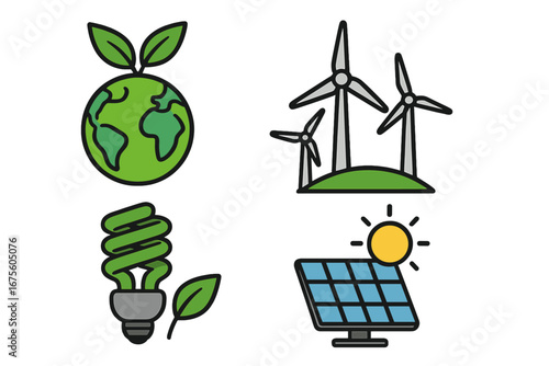 Symbols of Sustainability and Green Technology with Renewable Energy Icons, Eco-Friendly Energy Concepts Including Wind Turbines, Solar Panels, and Energy-Saving Bulb in Modern Vector Cartoon Style